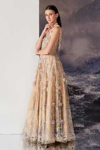 Buy Geisha Designs Beige Viscose, Nylon Beads, Tassels, Applique, Fabric Rosalia 3d Blossom Gown Online at Aza Fashions Buy_Geisha Designs_Beige Viscose, Nylon Beads, Tassels, Applique, Fabric Rosalia 3d Blossom Gown _Online_at_Aza_Fashions