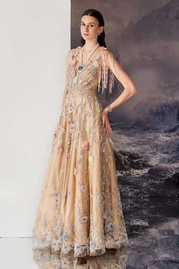 Shop Geisha Designs Beige Viscose, Nylon Beads, Tassels, Applique, Fabric Rosalia 3d Blossom Gown Online at Aza Fashions Shop_Geisha Designs_Beige Viscose, Nylon Beads, Tassels, Applique, Fabric Rosalia 3d Blossom Gown _Online_at_Aza_Fashions