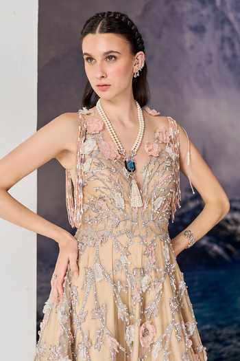 Geisha Designs Beige Viscose, Nylon Beads, Tassels, Applique, Fabric Rosalia 3d Blossom Gown at Aza Fashions Geisha Designs_Beige Viscose, Nylon Beads, Tassels, Applique, Fabric Rosalia 3d Blossom Gown _at_Aza_Fashions