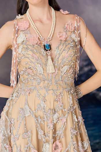 Buy Geisha Designs Beige Viscose, Nylon Beads, Tassels, Applique, Fabric Rosalia 3d Blossom Gown Buy_Geisha Designs_Beige Viscose, Nylon Beads, Tassels, Applique, Fabric Rosalia 3d Blossom Gown
