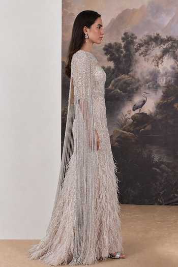 Buy Geisha Designs Pink Viscose, Nylon Beads, Crystals, Feathers Celestia Gown With Cape Online at Aza Fashions Buy_Geisha Designs_Pink Viscose, Nylon Beads, Crystals, Feathers Celestia Gown With Cape _Online_at_Aza_Fashions
