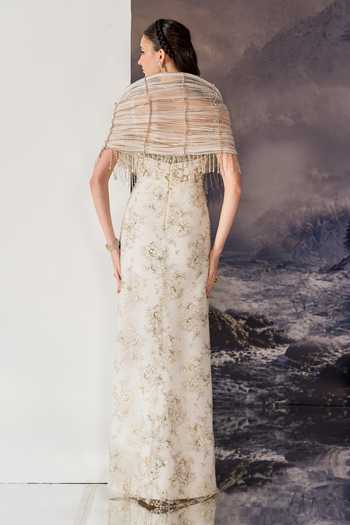 Geisha Designs Orien Embellished Gown With Structured Cape