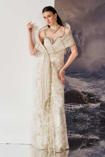 Geisha Designs Orien Embellished Gown With Structured Cape