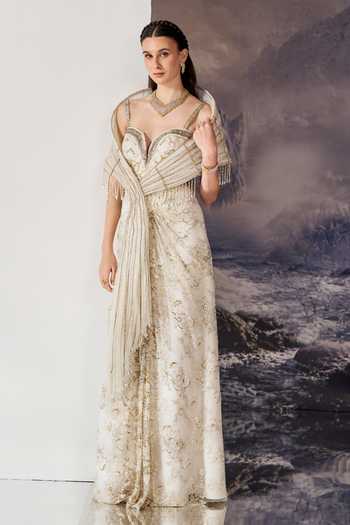 Geisha Designs White Viscose, Polyester, Nylon Orien Embellished Gown With Structured Cape Online at Aza Fashions Geisha Designs_White Viscose, Polyester, Nylon Orien Embellished Gown With Structured Cape _Online_at_Aza_Fashions