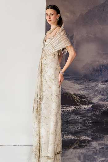 Buy Geisha Designs White Viscose, Polyester, Nylon Orien Embellished Gown With Structured Cape Online at Aza Fashions Buy_Geisha Designs_White Viscose, Polyester, Nylon Orien Embellished Gown With Structured Cape _Online_at_Aza_Fashions
