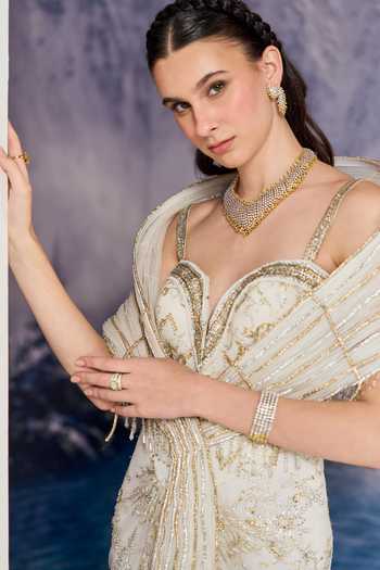 Shop Geisha Designs White Viscose, Polyester, Nylon Orien Embellished Gown With Structured Cape Online at Aza Fashions Shop_Geisha Designs_White Viscose, Polyester, Nylon Orien Embellished Gown With Structured Cape _Online_at_Aza_Fashions