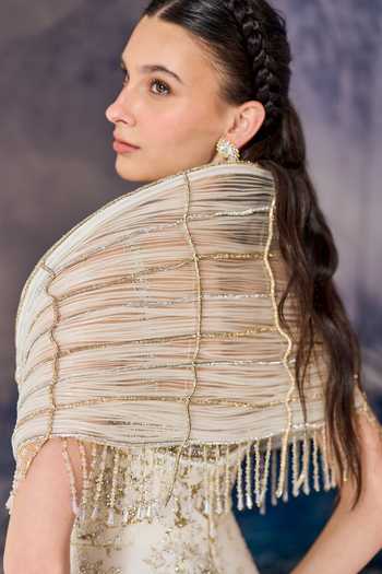 Geisha Designs White Viscose, Polyester, Nylon Orien Embellished Gown With Structured Cape at Aza Fashions Geisha Designs_White Viscose, Polyester, Nylon Orien Embellished Gown With Structured Cape _at_Aza_Fashions