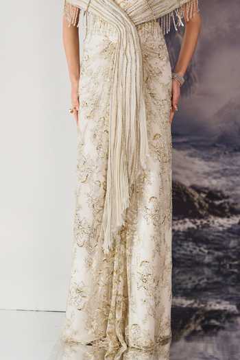 Buy Geisha Designs White Viscose, Polyester, Nylon Orien Embellished Gown With Structured Cape Buy_Geisha Designs_White Viscose, Polyester, Nylon Orien Embellished Gown With Structured Cape