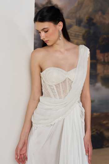Geisha Designs White Viscose, Polyester, Nylon Lace, Pearls Cynthia Draped Saree Gown Online at Aza Fashions Geisha Designs_White Viscose, Polyester, Nylon Lace, Pearls Cynthia Draped Saree Gown _Online_at_Aza_Fashions