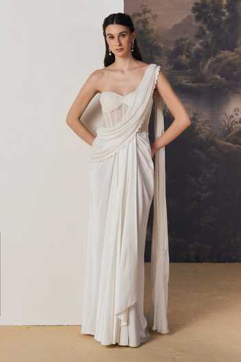 Buy Geisha Designs White Viscose, Polyester, Nylon Lace, Pearls Cynthia Draped Saree Gown Online at Aza Fashions Buy_Geisha Designs_White Viscose, Polyester, Nylon Lace, Pearls Cynthia Draped Saree Gown _Online_at_Aza_Fashions