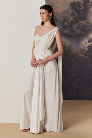 Shop Geisha Designs White Viscose, Polyester, Nylon Lace, Pearls Cynthia Draped Saree Gown Online at Aza Fashions Shop_Geisha Designs_White Viscose, Polyester, Nylon Lace, Pearls Cynthia Draped Saree Gown _Online_at_Aza_Fashions
