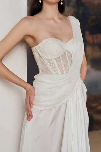 Geisha Designs White Viscose, Polyester, Nylon Lace, Pearls Cynthia Draped Saree Gown at Aza Fashions Geisha Designs_White Viscose, Polyester, Nylon Lace, Pearls Cynthia Draped Saree Gown _at_Aza_Fashions
