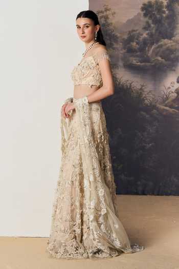 Geisha Designs Beige Viscose, Polyester, Nylon Sweetheart Neck Aurelie Emdroidered Lehenga Set Online at Aza Fashions Geisha Designs_Beige Viscose, Polyester, Nylon Sweetheart Neck Aurelie Emdroidered Lehenga Set _Online_at_Aza_Fashions