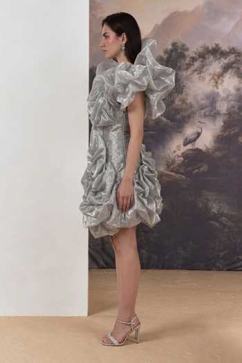 Geisha Designs Silver Viscose, Polyester, Nylon Asymmetric Lunaria Sculpted Ruffle Mini Dress Online at Aza Fashions Geisha Designs_Silver Viscose, Polyester, Nylon Asymmetric Lunaria Sculpted Ruffle Mini Dress _Online_at_Aza_Fashions