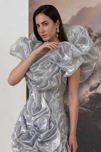 Buy Geisha Designs Silver Viscose, Polyester, Nylon Asymmetric Lunaria Sculpted Ruffle Mini Dress Online at Aza Fashions Buy_Geisha Designs_Silver Viscose, Polyester, Nylon Asymmetric Lunaria Sculpted Ruffle Mini Dress _Online_at_Aza_Fashions