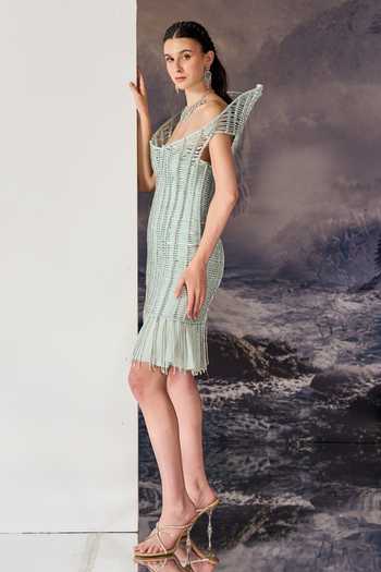 Geisha Designs Green Viscose, Nylon, Polyester Sirena Open Grid Corded Cocktail Dress Online at Aza Fashions Geisha Designs_Green Viscose, Nylon, Polyester Sirena Open Grid Corded Cocktail Dress _Online_at_Aza_Fashions