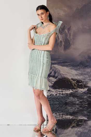 Buy Geisha Designs Green Viscose, Nylon, Polyester Sirena Open Grid Corded Cocktail Dress Online at Aza Fashions Buy_Geisha Designs_Green Viscose, Nylon, Polyester Sirena Open Grid Corded Cocktail Dress _Online_at_Aza_Fashions