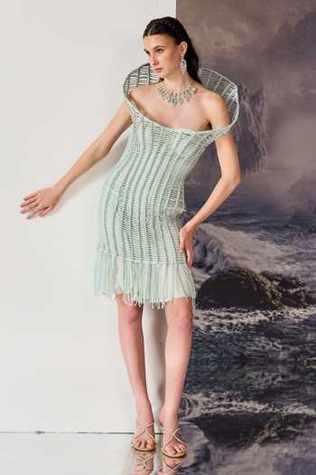 Shop Geisha Designs Green Viscose, Nylon, Polyester Sirena Open Grid Corded Cocktail Dress Online at Aza Fashions Shop_Geisha Designs_Green Viscose, Nylon, Polyester Sirena Open Grid Corded Cocktail Dress _Online_at_Aza_Fashions
