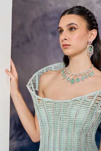 Geisha Designs Green Viscose, Nylon, Polyester Sirena Open Grid Corded Cocktail Dress at Aza Fashions Geisha Designs_Green Viscose, Nylon, Polyester Sirena Open Grid Corded Cocktail Dress _at_Aza_Fashions