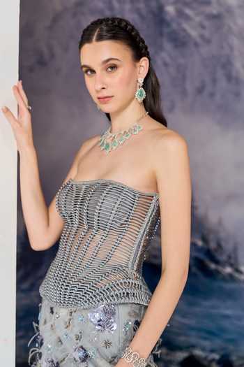 Geisha Designs Grey Viscose, Nylon Bandeau Neck Structured Peplum Corset And Skirt Set Online at Aza Fashions Geisha Designs_Grey Viscose, Nylon Bandeau Neck Structured Peplum Corset And Skirt Set _Online_at_Aza_Fashions