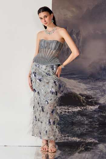 Buy Geisha Designs Grey Viscose, Nylon Bandeau Neck Structured Peplum Corset And Skirt Set Online at Aza Fashions Buy_Geisha Designs_Grey Viscose, Nylon Bandeau Neck Structured Peplum Corset And Skirt Set _Online_at_Aza_Fashions