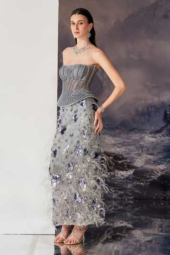Shop Geisha Designs Grey Viscose, Nylon Bandeau Neck Structured Peplum Corset And Skirt Set Online at Aza Fashions Shop_Geisha Designs_Grey Viscose, Nylon Bandeau Neck Structured Peplum Corset And Skirt Set _Online_at_Aza_Fashions