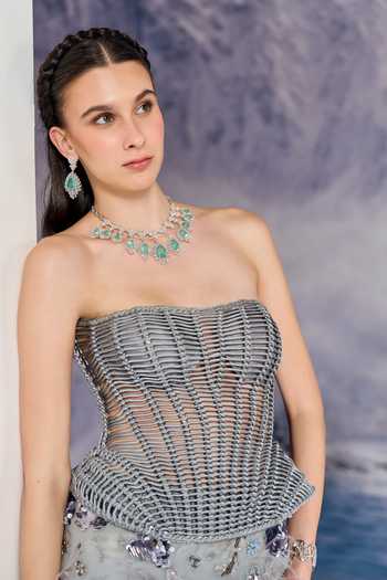 Geisha Designs Grey Viscose, Nylon Bandeau Neck Structured Peplum Corset And Skirt Set at Aza Fashions Geisha Designs_Grey Viscose, Nylon Bandeau Neck Structured Peplum Corset And Skirt Set _at_Aza_Fashions