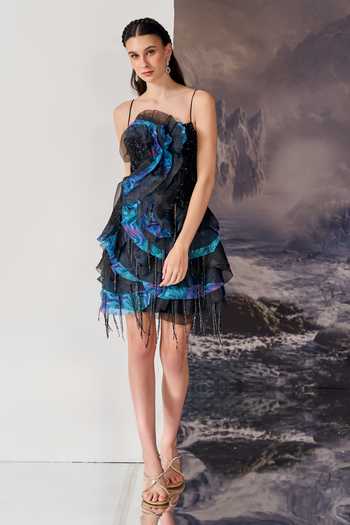 Buy Geisha Designs Blue Nylon, Viscose Sweetheart Neck Nebula Ruffle Mini Dress Online at Aza Fashions Buy_Geisha Designs_Blue Nylon, Viscose Sweetheart Neck Nebula Ruffle Mini Dress _Online_at_Aza_Fashions
