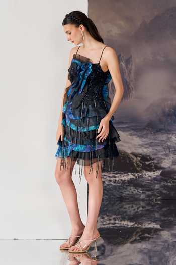 Shop Geisha Designs Blue Nylon, Viscose Sweetheart Neck Nebula Ruffle Mini Dress Online at Aza Fashions Shop_Geisha Designs_Blue Nylon, Viscose Sweetheart Neck Nebula Ruffle Mini Dress _Online_at_Aza_Fashions