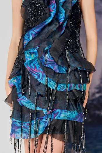 Geisha Designs Blue Nylon, Viscose Sweetheart Neck Nebula Ruffle Mini Dress at Aza Fashions Geisha Designs_Blue Nylon, Viscose Sweetheart Neck Nebula Ruffle Mini Dress _at_Aza_Fashions