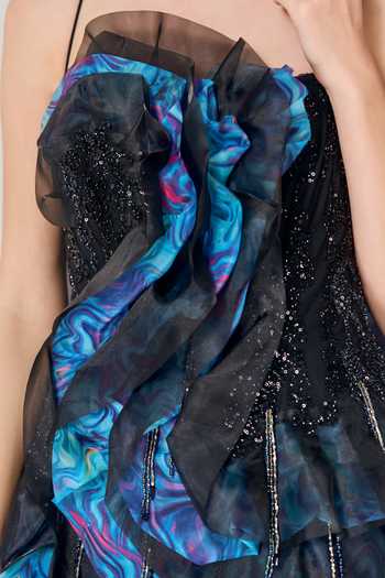 Buy Geisha Designs Blue Nylon, Viscose Sweetheart Neck Nebula Ruffle Mini Dress Buy_Geisha Designs_Blue Nylon, Viscose Sweetheart Neck Nebula Ruffle Mini Dress