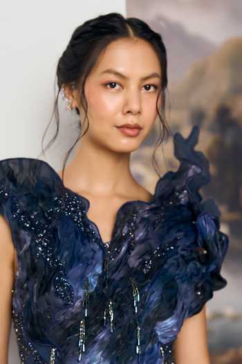 Geisha Designs Blue Viscose, Nylon Asymmetric Neck, High Neve Winged Shoulder Sculpted Dress Online at Aza Fashions Geisha Designs_Blue Viscose, Nylon Asymmetric Neck, High Neve Winged Shoulder Sculpted Dress _Online_at_Aza_Fashions