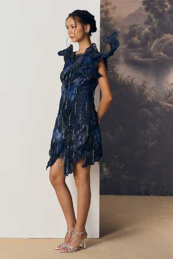 Buy Geisha Designs Blue Viscose, Nylon Asymmetric Neck, High Neve Winged Shoulder Sculpted Dress Online at Aza Fashions Buy_Geisha Designs_Blue Viscose, Nylon Asymmetric Neck, High Neve Winged Shoulder Sculpted Dress _Online_at_Aza_Fashions