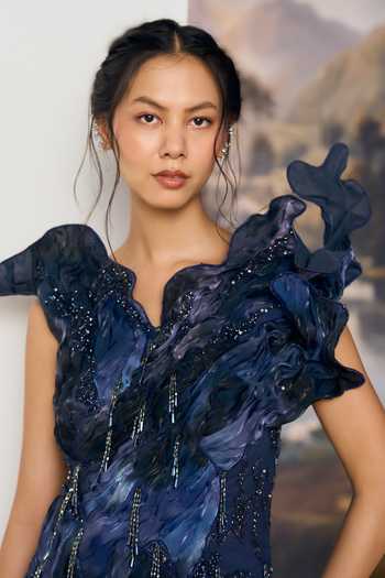 Shop Geisha Designs Blue Viscose, Nylon Asymmetric Neck, High Neve Winged Shoulder Sculpted Dress Online at Aza Fashions Shop_Geisha Designs_Blue Viscose, Nylon Asymmetric Neck, High Neve Winged Shoulder Sculpted Dress _Online_at_Aza_Fashions