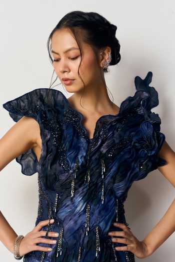 Geisha Designs Blue Viscose, Nylon Asymmetric Neck, High Neve Winged Shoulder Sculpted Dress at Aza Fashions Geisha Designs_Blue Viscose, Nylon Asymmetric Neck, High Neve Winged Shoulder Sculpted Dress _at_Aza_Fashions