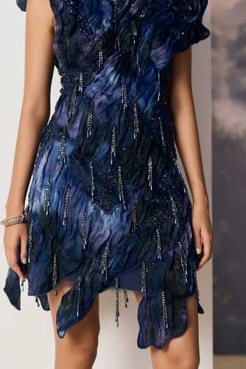 Buy Geisha Designs Blue Viscose, Nylon Asymmetric Neck, High Neve Winged Shoulder Sculpted Dress Buy_Geisha Designs_Blue Viscose, Nylon Asymmetric Neck, High Neve Winged Shoulder Sculpted Dress