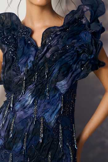 Shop Geisha Designs Blue Viscose, Nylon Asymmetric Neck, High Neve Winged Shoulder Sculpted Dress Shop_Geisha Designs_Blue Viscose, Nylon Asymmetric Neck, High Neve Winged Shoulder Sculpted Dress