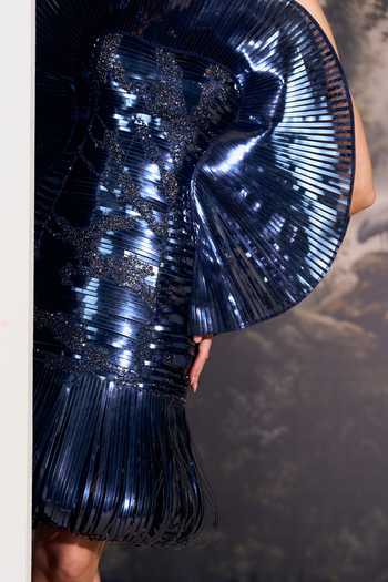 Geisha Designs Blue Viscose, Nylon Boat Neck Cyrene Metallic Paillettes Mini Dress at Aza Fashions Geisha Designs_Blue Viscose, Nylon Boat Neck Cyrene Metallic Paillettes Mini Dress _at_Aza_Fashions