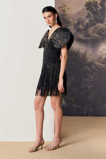 Geisha Designs Black Viscose, Nylon V-neck Cassia Sculpted Batwing Cape Sleeve Dress Online at Aza Fashions Geisha Designs_Black Viscose, Nylon V-neck Cassia Sculpted Batwing Cape Sleeve Dress _Online_at_Aza_Fashions