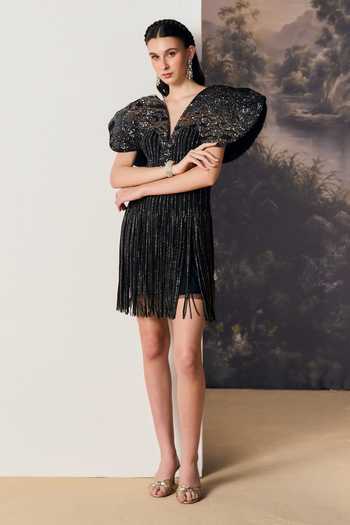 Buy Geisha Designs Black Viscose, Nylon V-neck Cassia Sculpted Batwing Cape Sleeve Dress Online at Aza Fashions Buy_Geisha Designs_Black Viscose, Nylon V-neck Cassia Sculpted Batwing Cape Sleeve Dress _Online_at_Aza_Fashions