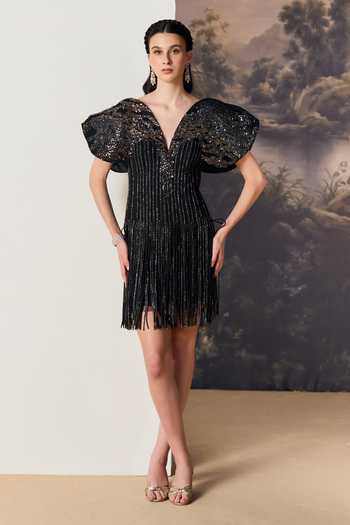 Geisha Designs Cassia Sculpted Batwing Cape Sleeve Dress