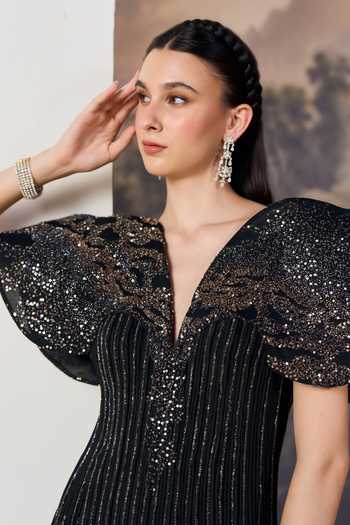 Geisha Designs Black Viscose, Nylon V-neck Cassia Sculpted Batwing Cape Sleeve Dress at Aza Fashions Geisha Designs_Black Viscose, Nylon V-neck Cassia Sculpted Batwing Cape Sleeve Dress _at_Aza_Fashions