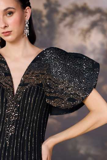 Buy Geisha Designs Black Viscose, Nylon V-neck Cassia Sculpted Batwing Cape Sleeve Dress Buy_Geisha Designs_Black Viscose, Nylon V-neck Cassia Sculpted Batwing Cape Sleeve Dress