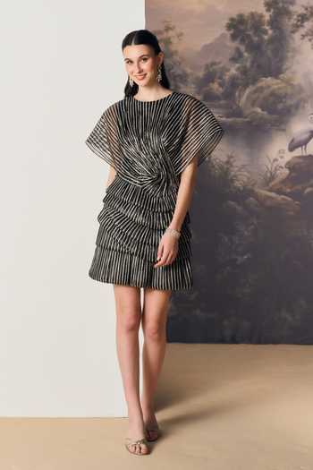 Buy Geisha Designs Grey Polyester, Nylon Round Neck Vivienne Linear Corded Striped Mini Dress Online at Aza Fashions Buy_Geisha Designs_Grey Polyester, Nylon Round Neck Vivienne Linear Corded Striped Mini Dress _Online_at_Aza_Fashions