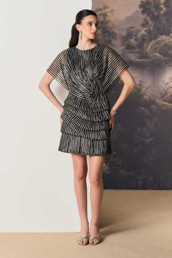 Shop Geisha Designs Grey Polyester, Nylon Round Neck Vivienne Linear Corded Striped Mini Dress Online at Aza Fashions Shop_Geisha Designs_Grey Polyester, Nylon Round Neck Vivienne Linear Corded Striped Mini Dress _Online_at_Aza_Fashions