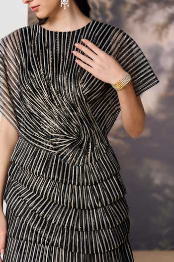 Buy Geisha Designs Grey Polyester, Nylon Round Neck Vivienne Linear Corded Striped Mini Dress Buy_Geisha Designs_Grey Polyester, Nylon Round Neck Vivienne Linear Corded Striped Mini Dress