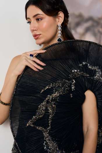 Shop Geisha Designs Black Viscose, Nylon Asymmetric Neck, One Shoulder Astral Pleated Disc Dress Online at Aza Fashions Shop_Geisha Designs_Black Viscose, Nylon Asymmetric Neck, One Shoulder Astral Pleated Disc Dress _Online_at_Aza_Fashions