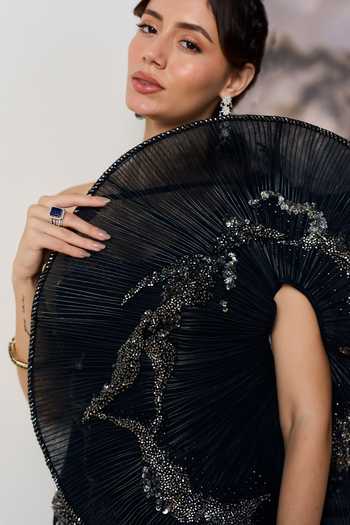 Geisha Designs Black Viscose, Nylon Asymmetric Neck, One Shoulder Astral Pleated Disc Dress at Aza Fashions Geisha Designs_Black Viscose, Nylon Asymmetric Neck, One Shoulder Astral Pleated Disc Dress _at_Aza_Fashions