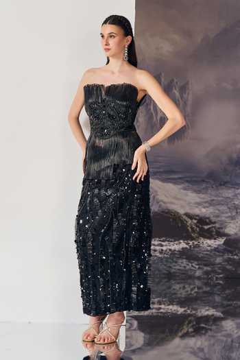 Geisha Designs Black Nylon, Viscose Bandeau Neck Scarlett Peplum Corded Top And Skirt Set Online at Aza Fashions Geisha Designs_Black Nylon, Viscose Bandeau Neck Scarlett Peplum Corded Top And Skirt Set _Online_at_Aza_Fashions