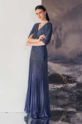 Geisha Designs Blue Viscose, Nylon Beads V-neck Valeriya Textured Embroidered Gown Online at Aza Fashions Geisha Designs_Blue Viscose, Nylon Beads V-neck Valeriya Textured Embroidered Gown _Online_at_Aza_Fashions
